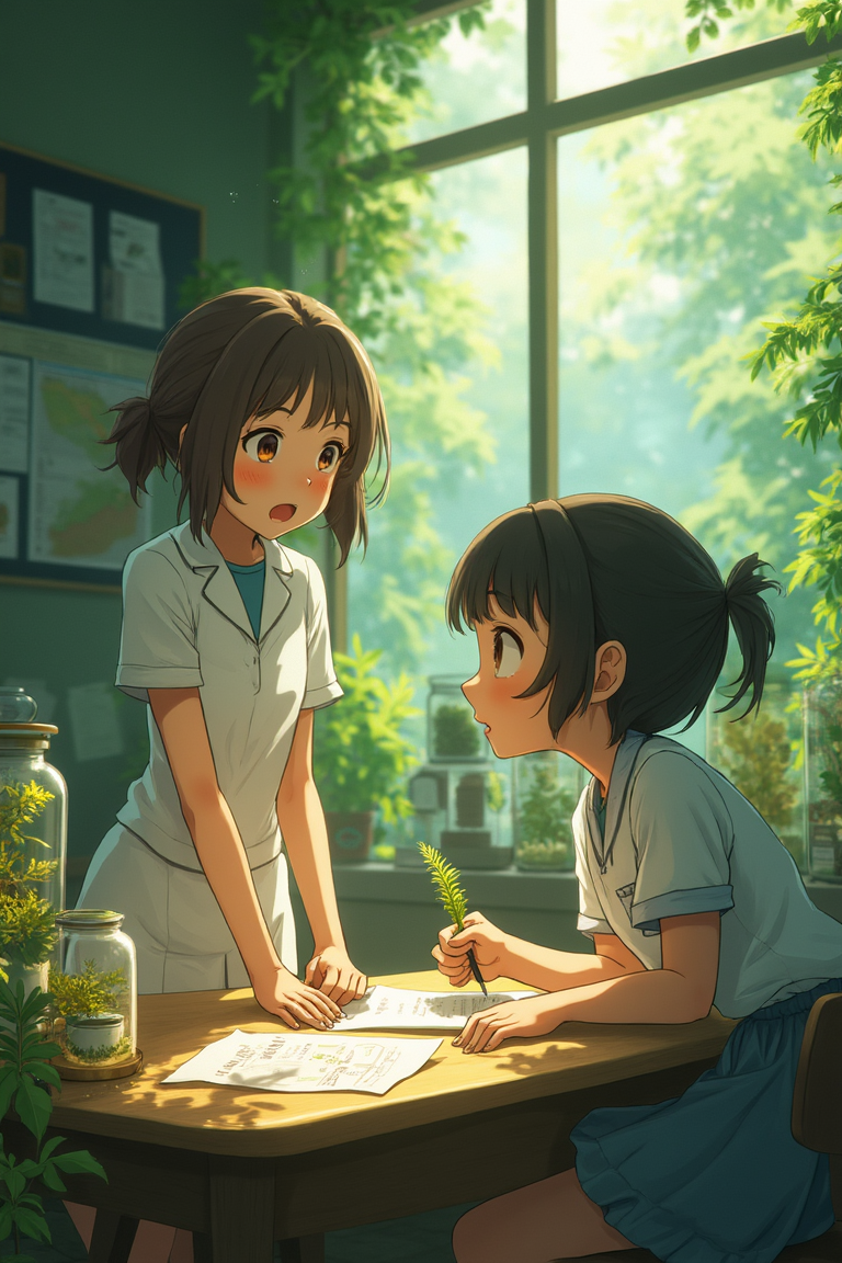 In a sunlit biology classroom, pigtailed Aiko leans forward, gripping her notebook as Mrs. Tenner dissects a bioluminescent fern. Charts of mythical hybrids line walls cluttered with humming terrariums. The scene echoes Studio Ghibli’s watercolor serenity—sage and amber washes, prismatic light fracturing through specimen jars into kaleidoscopic shadows. Dust motes swirl in honeyed beams, sharp with preservatives and soil.