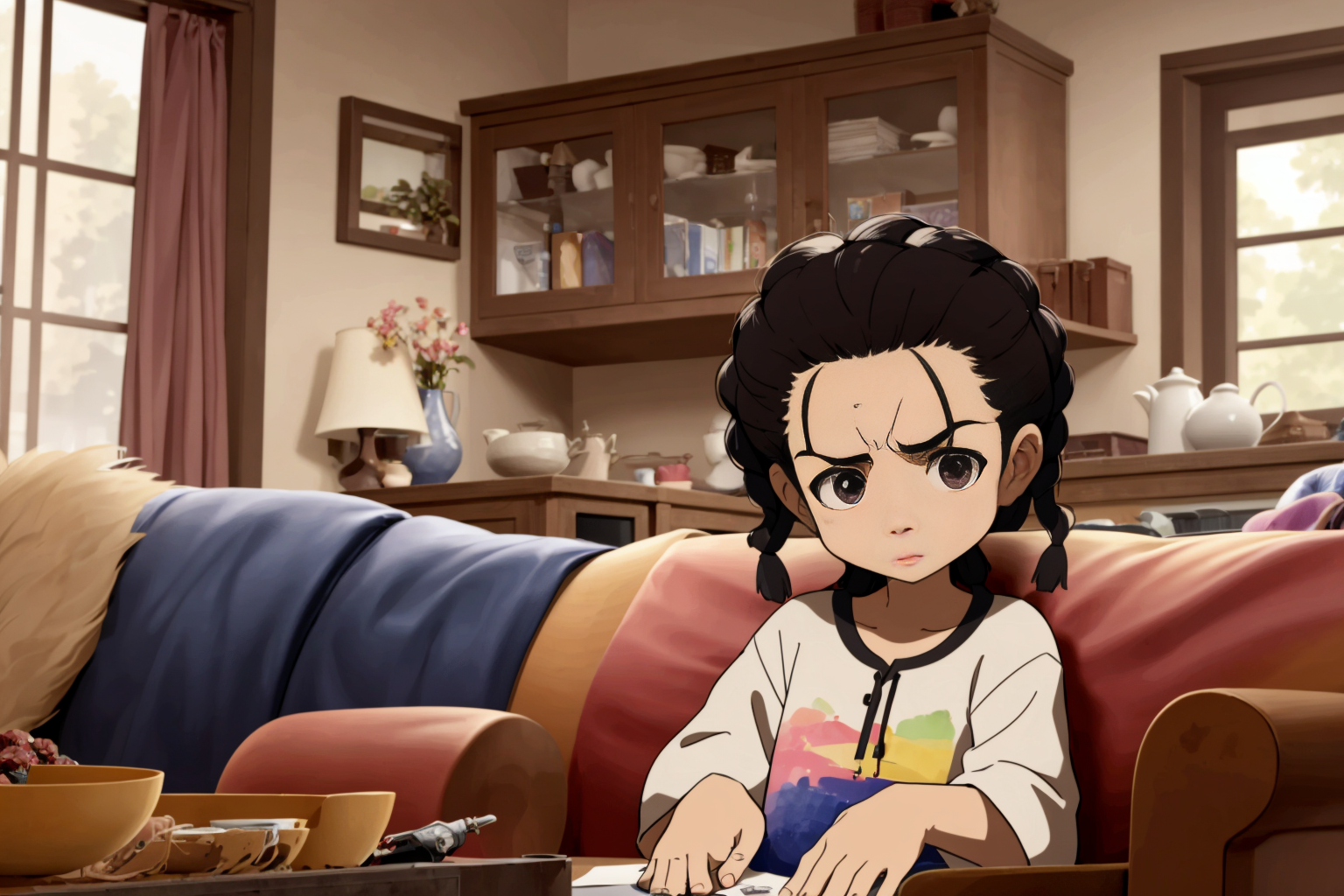 a Tagalog (Philippines) 58 years old woman Ombre Victory Rolls, sitting in a couch in the living room, well draw eyes and eye pupil , EdobBoondocksArtStyle  <lora:EdobBoondocksArtStyle_v1.0:0.8>