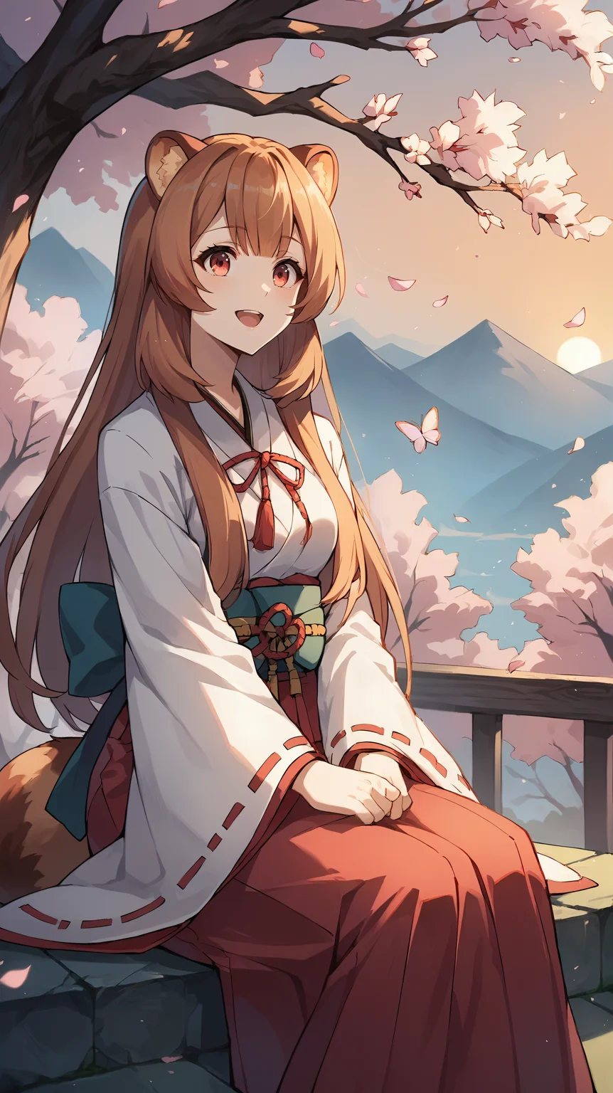 score_9,score_8_up,score_7_up,score_6_up, source_anime, zPDXL, <lora:xl_more_art-full_v1:0.5>, girl, raccoon girl, raccoon ears, animal ears, long hair, brown hair, bangs, red eyes, red kimono, white top, white sleeves, <lora:Raphtalia - Pony-000004:0.8>, butterfly sitting, sakura trees, cherry blossoms, sunset, windy, pedals, happy,