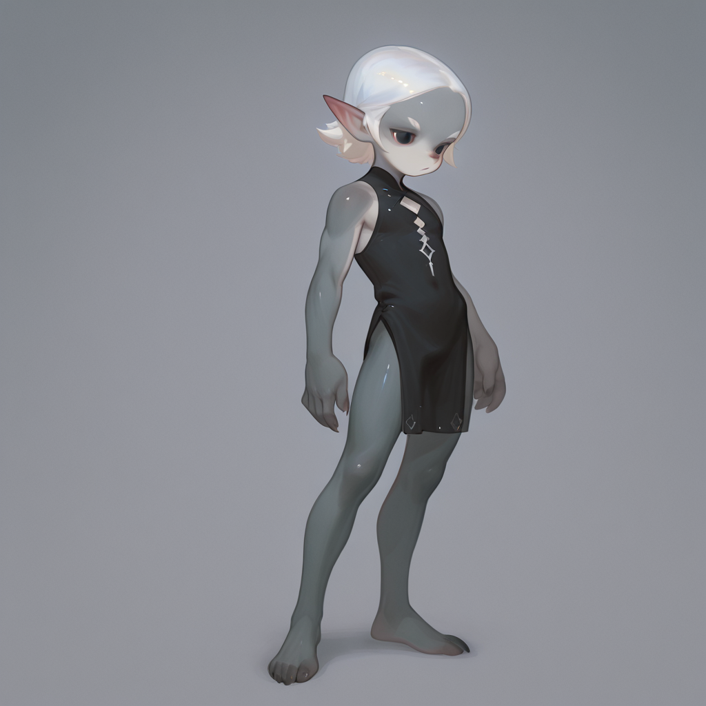 CtPn, full body, highly detailed, solo, 1boy, white hair, grey skin, pointed ears