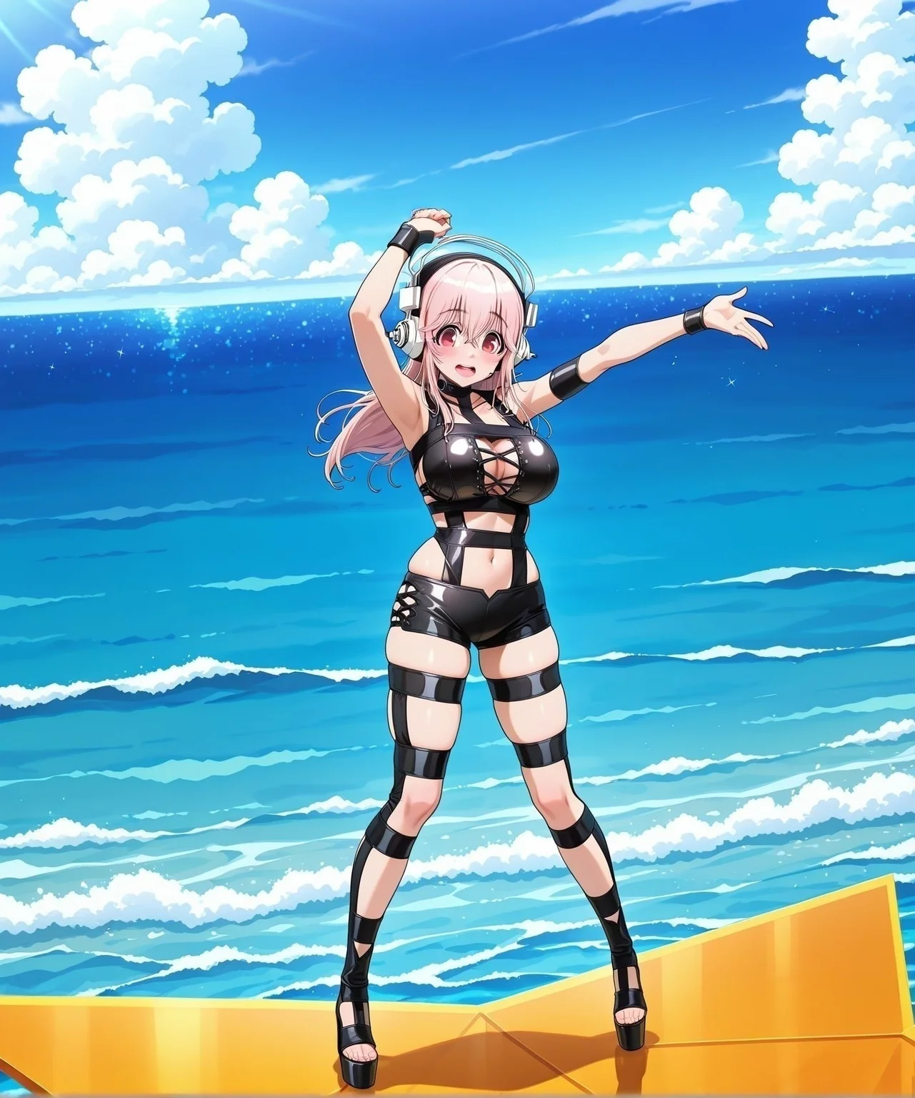 <lora:add-detail-xl:0.5>,,masterpiece,best quality,anime coloring,anime screenshot,
<lora:Strappy_bodysuit:0.8>Strappy_bodysuit.
Star-shaped stage,Star base,standing,sea,
1girl, wearing strappy bondage outfit, black harness costume,
exposed skin, performance stagewear,
Bondage-style costume,
milf,20YO, outdoors,
,nitroplus, super sonico, nitroplus,