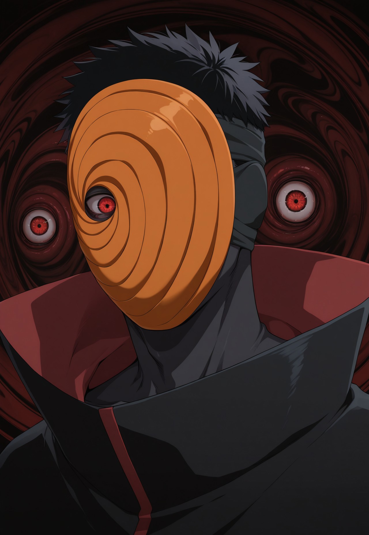masterpiece, best quality, amazing quality, very aesthetic, absurdres, newest, naruTobi, 1boy, solo, mask, sharingan, black hair, short hair, akatsuki uniform, close-up, horror, red eye background