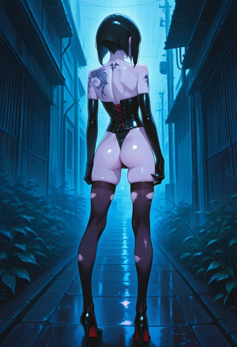 absurdres, masterpiece, best quality, very aesthetic, HDR, 8K, ultra-detailed, anime, 748cmstyle, rain, outdoor, back view, 
1girl, SadisTrix, solo, inverted bob hair, black hair, pale skin, back of head, back, tattoo, gothic, elbow gloves, corset, torn thighhighs, highleg panties, high heels, skindentation, shiny skin, dominant female, (skinny), power pose, standing, spread legs, hands oh hips),
