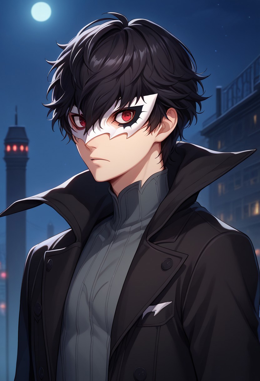 score_9, score_7_up, source_anime 
renpers, 1boy, male focus, solo, red eyes, black hair, hair between eyes, short hair, joker outfit, mask, white mask, shirt, grey shirt, coat, black coat, high collar, portrait,
indoor, darkness, night,