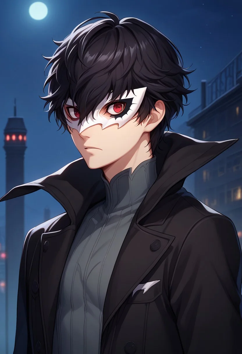 score_9, score_7_up, source_anime
renpers, 1boy, male focus, solo, red eyes, black hair, hair between eyes, short hair, joker outfit, mask, white mask, shirt, grey shirt, coat, black coat, high collar, portrait,
indoor, darkness, night,