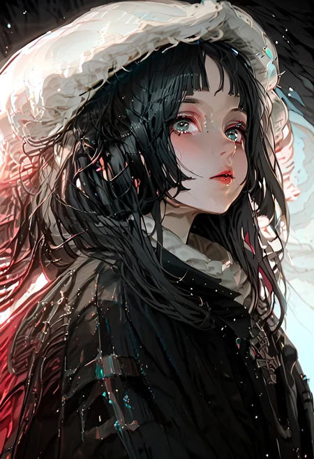 SmoothNoob_Quality, high_detail, usnr, KJOjane, long hair, black hair, aqua eyes, blunt bangs, tail, mouse ears, animal ears, multicolored hair, red colored tips, headshot, Smooth Quality Pony, black background, solo, looking at viewer, sidelock, soft shadow, white dark shadow, A mysterious female figure with long black hair falling straight down like a ghost, facing the camera. Her face is completely obscured by swirling smoke in shades of black, and white. The smoke emerges from her head, blending with the strands of her hair. She wears a dark, flowing robe with subtle patterns. The background is entirely black, creating a stark contrast. The atmosphere is eerie, ethereal, and unsettling. Style is dark surreal, semi-realistic, high detail, dramatic lighting, soft shadows, masterpiece,best quality,good quality,amazing quality,highest quality,high quality,very aesthetic,very awa,highres,absurdres,incredibly absurdres,upscaled