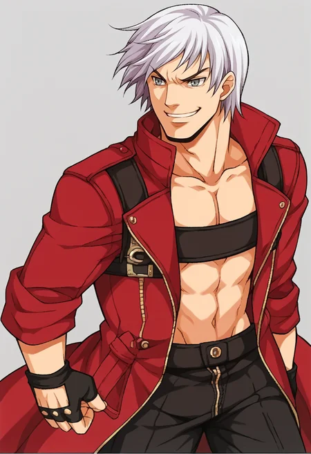 score_9, score_8_up, score_7_up, source_anime BREAK
<lora:zs_FE9PortraitsXL:1> fe9portraits, solo, cowboy shot, simple background, 1boy, male focus, smile
<lora:dmc3_dante_ponyXL:1> dmc3dante, red coat, bandeau, fingerless gloves, pants