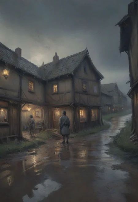 impressionist painting, WLOP_illustration_style, fantasy, medieval, wood, inn, muddy road, people, evening, overcast, (fisheye:1.5), from below, sky, dramatic clouds, dark, gray, raining, desaturated, painting, rough brush strokes