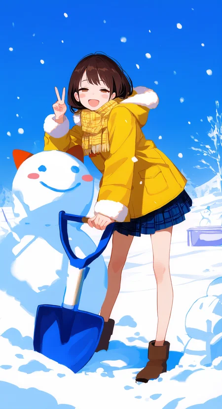 masterpiece, best quality, good quality, very aesthetic, absurdres, newest, 1girl, :d, bare legs, blue skirt, blue sky, blush stickers, brown eyes, brown footwear, brown hair, coat, dark, dot nose, full body, fur-trimmed sleeves, fur trim, half-closed eyes, hand up, leaning to the side, legs apart, long sleeves, looking at viewer, miniskirt, necktie, outdoors, plaid clothes, plaid scarf, plaid skirt, red necktie, scarf, shovel, skirt, sky, smile, snow, snow shovel, snowing, snowman, solo, standing, v, winter, yellow coat, yellow scarf, <lora:ponyv5_noobV065S_1_adamW-000013:0.75> <lora:USNR_STYLE_XL_lokr:0.45> <lora:MeMaXL4:0.4>