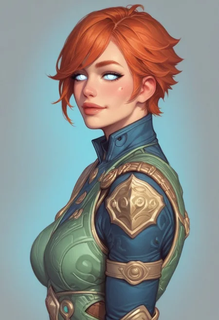 ((side view))
((1girl, cute face, dynamic pose,
Glowing aura surrounding a futuristic character like the Nomad, clad in a futuristic detailed brown suit handmade, (((futuristic army vest armor))) patches on suit, redhead, long bangs, holographic blue light streaks, medium breasts, (big shining white eyes without pupils:1.5), dynamic pose)), coy smile
BREAK
((((full closed))))
score_9, score_8_up, score_7_up, score_6_up, source_cartoon, rating_explicit, Expressiveh, (((((upper body))))), dynamic pose, (in wastelands, sandstorm:1.3)