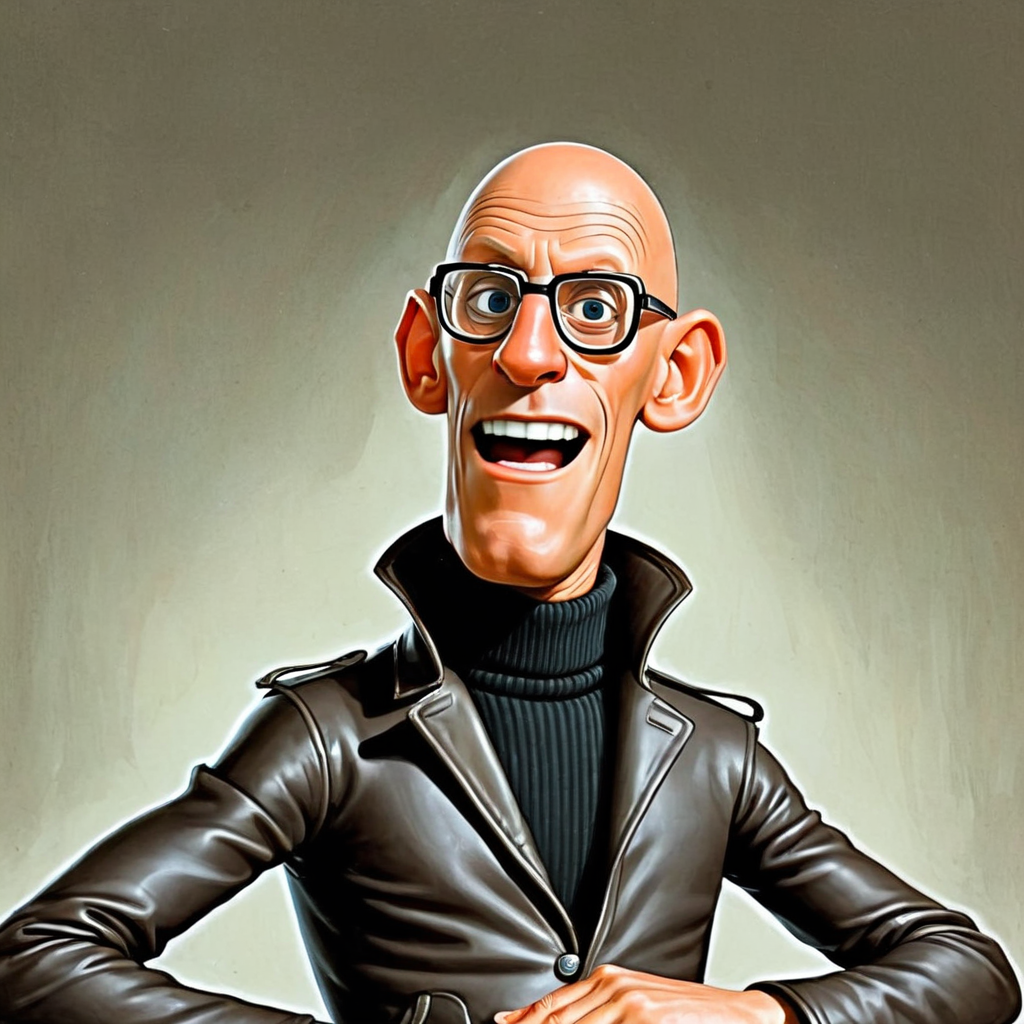 cartoon of (michelfoucault:1.3) man, turtleneck, unbuttoned black leather biker jacket, bald nerd, , (  donmartin style:1.2)  ( caricature:1.3), HQ, high resolution, ,  solo,  fisheye lens closeup, extremely  Amusedexpression ,  hyper-realistic,  upper body, arms and hands,  detailed eyes, by don martin, plain dark background, rim lighting, vignette <lora:DonMartin_StyleXLv7.0-000024:0.75>   <lora:michelfoucaultXL_10-17-23_v1.6:0.9>