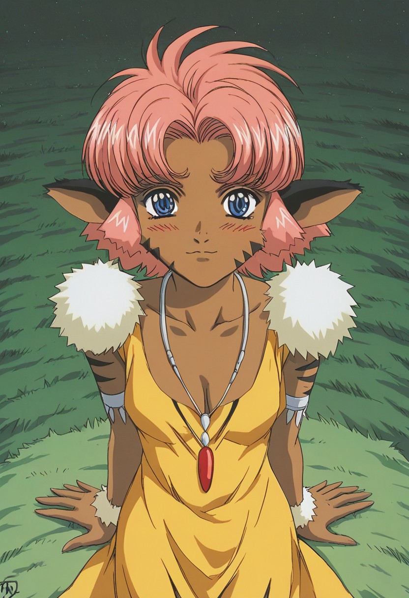 retro artstyle, 1990s \(style\),2d,masterpiece,merlelora,1girl,furry,fur,pink hair,short hair,blue eyes,dress,cleavage, beautiful face, blushed,fur trim,jewelry,necklace,dark-skinned female,fluffy,fluffy face,face shot,grass background