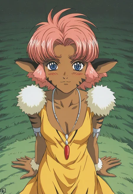 retro artstyle, 1990s \(style\),2d,masterpiece,merlelora,1girl,furry,fur,pink hair,short hair,blue eyes,dress,cleavage, beautiful face, blushed,fur trim,jewelry,necklace,dark-skinned female,fluffy,fluffy face,face shot,grass background