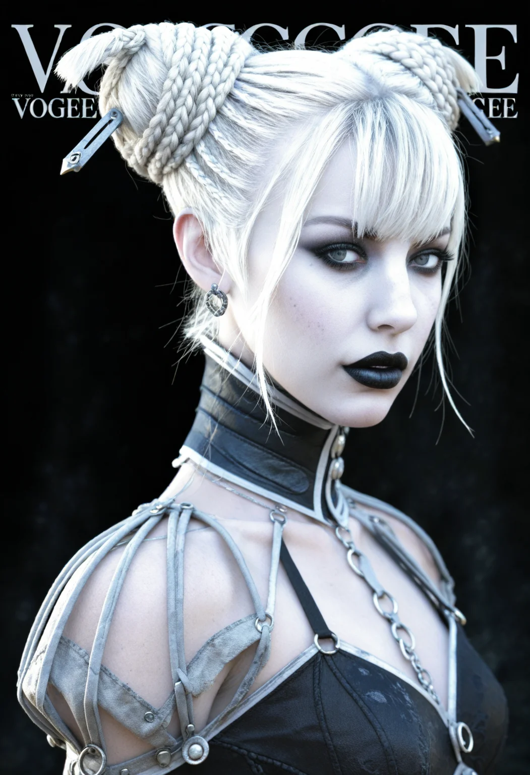 1girl evegw, (vogue cover:1.2), editorial photography, white hair, double buns hairstyle, grey skin, pale, makeup, (smile:0.65)  <lora:character\p_EveGW_byKonan>