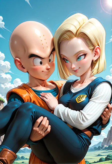SmoothNoob_Quality, (toriyama akira:1.5), manga style, princess carry, (kuririn, smile, happy, looking at another), android 18, blush,