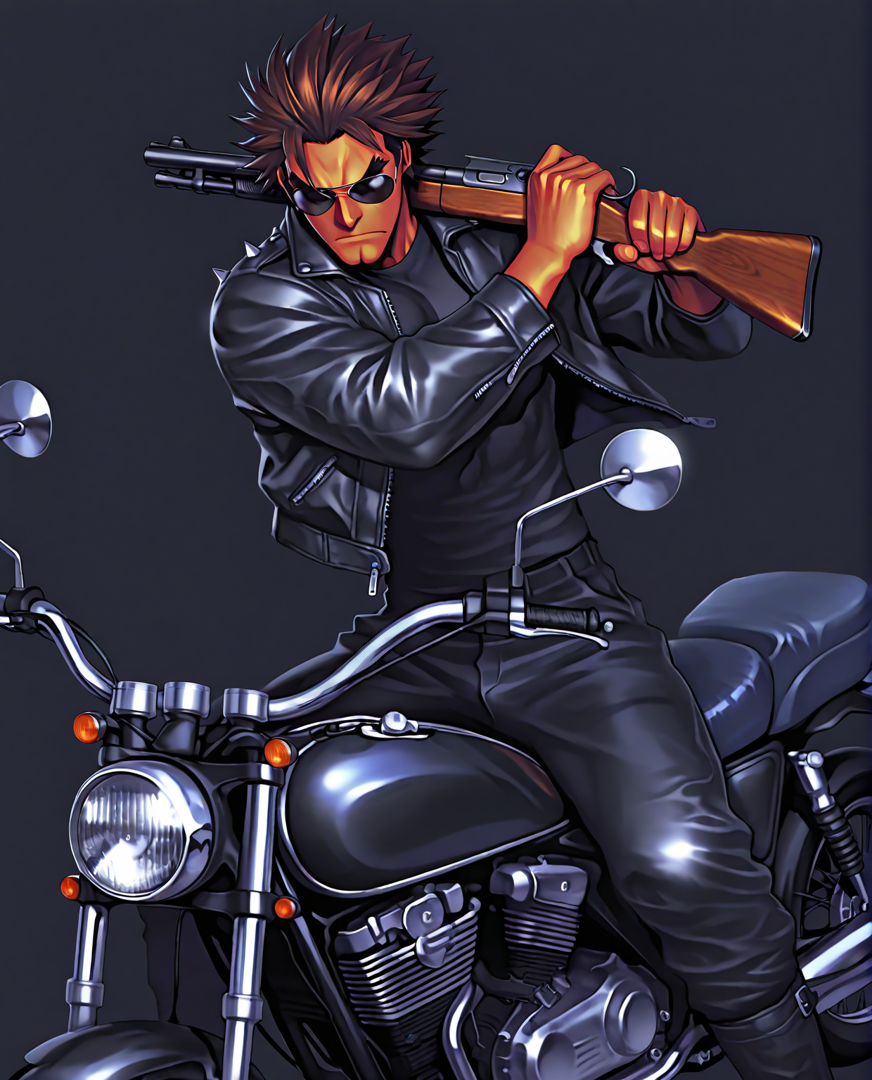 trineal, hued shading, vibrant shading, sshdw, colorful, detailed shading, hued shading, soft shadows, GOHARNO, 1boy, toned male, tanned skin, short hair, spiked hair, brown hair, sideburns, brown eyes, thick eyebrows, cleft chin, black shirt, leather jacket, zipper, eyewear, aviator sunglasses, black sunglasses, holding weapon, shotgun, hand up, serious, slight frown, black pants, black boots,  masterpiece, best quality, absurdres, three quarter view, upper body, simple background, black background, riding motorcycle, black chopper, black motorcycle