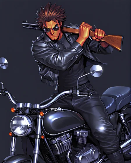 trineal, hued shading, vibrant shading, sshdw, colorful, detailed shading, hued shading, soft shadows, GOHARNO, 1boy, toned male, tanned skin, short hair, spiked hair, brown hair, sideburns, brown eyes, thick eyebrows, cleft chin, black shirt, leather jacket, zipper, eyewear, aviator sunglasses, black sunglasses, holding weapon, shotgun, hand up, serious, slight frown, black pants, black boots,  masterpiece, best quality, absurdres, three quarter view, upper body, simple background, black background, riding motorcycle, black chopper, black motorcycle