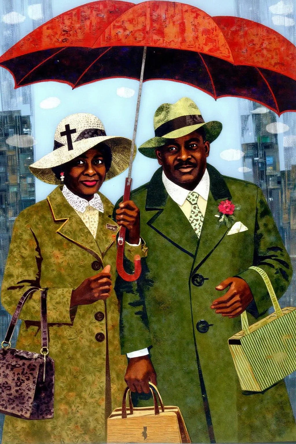 mixed media collage. a collage of two figures, a woman and a man, are depicted. The woman is wearing a white hat with a cross on it, while the man is dressed in a green coat with a white shirt and a green hat. Both figures are holding umbrellas in their hands, and the woman is holding a purse in her left hand. In the background, a cityscape can be seen. <lora:ekho_collage_nocap_d6a3e12:1.0><lora:824680325805284012:0>