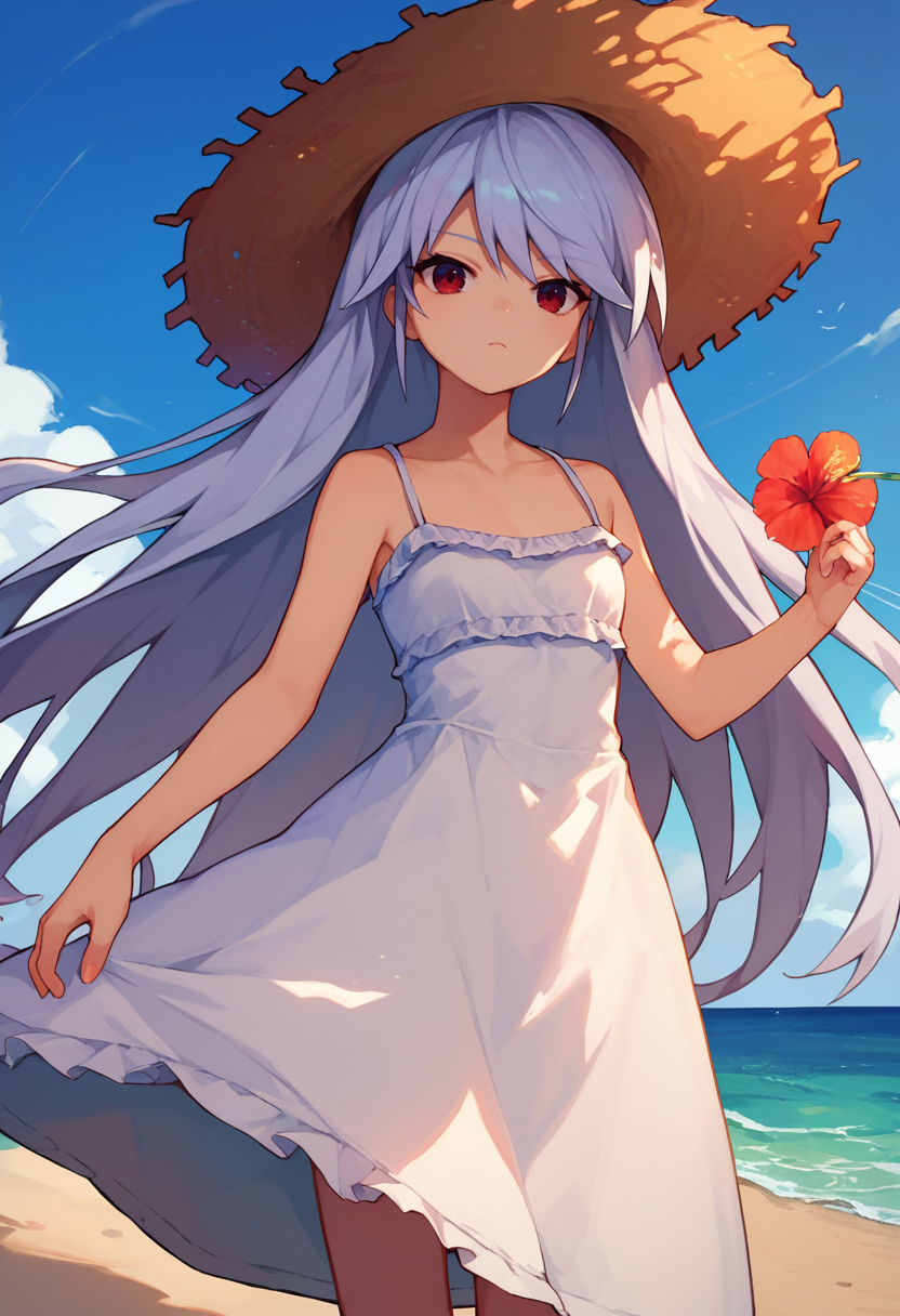 score_9, score_8_up, score_7_up,  1girl,  Kazuki, silver hair, long hair, red eyes, straw hat, white sundress, beach,    <lora:Kazuki Dora V2-000009:1>