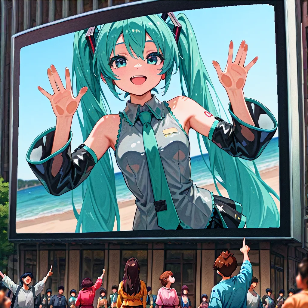 masterpiece, best quality, amazing quality, newest, uncensored, contrapposto, blurry foreground, very aesthetic, absurdres, colorful, perfect hands, volumetric lighting, shiny, depth of field, thick eyelashes, long eyelashes, nihonga, sumi-e BREAK 1girl, hatsune miku, grey shirt, green necktie, sleeveless, bare shouders, detouched sleeves, black mini skirt, black thighhighboots, smile, open mouth, hands up, looking at viewer, dutch angle, standing, against glass, upper body, outdoors, beach, sea, sky, foreground, framed, <lora:Digital_billboard-000016:1>