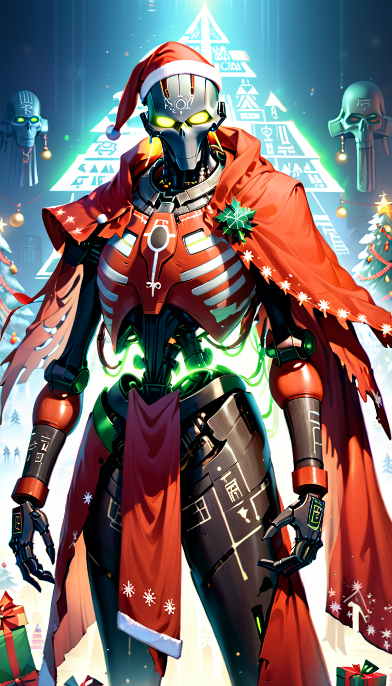 AI Overlord Santa, necrons, wearing cape, artificial intelligence, overlord, absolute ruler, glowing led lights, glowing ancient hieroglyphs all over the body, extremely detailed beautiful multicolored glowing piercing eyes, Christmas, cinematic scene, scenery, epic awesome detailed background, masterpiece, best quality, high quality, absurdres, xmas, SimplePositiveXLv2 <lora:xl_more_art-full_v1:1> <lora:necrons_xl_v1:1> <lora:xmas_xl_v1:1>