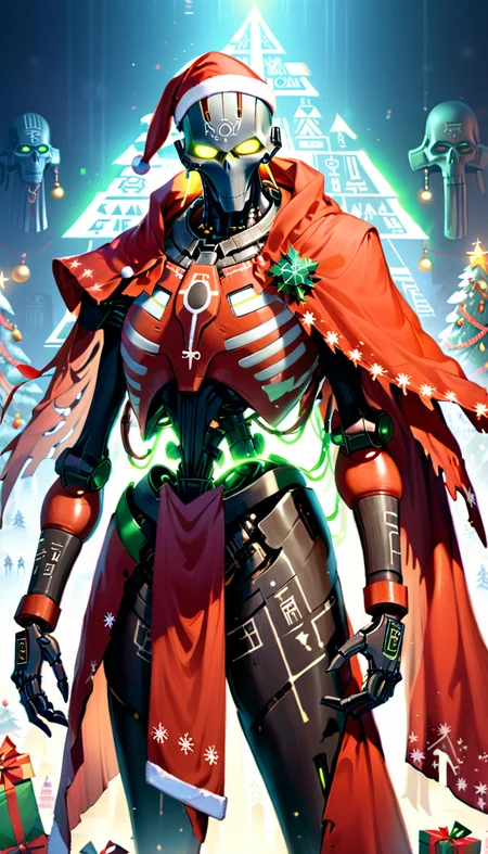 AI Overlord Santa, necrons, wearing cape, artificial intelligence, overlord, absolute ruler, glowing led lights, glowing ancient hieroglyphs all over the body, extremely detailed beautiful multicolored glowing piercing eyes, Christmas, cinematic scene, scenery, epic awesome detailed background, masterpiece, best quality, high quality, absurdres, xmas, SimplePositiveXLv2 <lora:xl_more_art-full_v1:1> <lora:necrons_xl_v1:1> <lora:xmas_xl_v1:1>