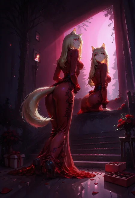 masterpiece, best quality, amazing quality, very aesthetic, absurdres, newest, (scenery, volumetric lighting),depth of field, 1girl,solo,sfw,((from behind:1.2),(from_back:1.2),(from below:1.4),(full body photo:1.4),(full body:1.4),(full shot:1.4),(full body shot:1.4)) , eyeliner,podenco \(arknights\), arknights, 1girl, dog ears, animal ear fluff, dog tail, green eyes, hair between eyes, long hair, blonde hair,, 1girl, clenched_teeth, long sleeve, turtleneck, rose dress, red dress,, flower, roses, hearts, cherry blossom petals,box of chocolates,medium breasts, medium and teardrop shaped breasts,(covered breasts:1.3),curvy,skindentation,finger_heart, romantic, in love, shadow dark dim forest, Slight light,night, distrail,solo focus, unsr,,(shiny skin:0.7),(sakimichan:0.8,wlop:0.5),masterpiece, best quality, amazing quality, very aesthetic, absurdres, newest, (scenery, volumetric lighting),depth of field,gobo lighting,jakthejackalope, <lora:memento mori:0.6> <lora:MoriiMee_Gothic_Niji_Style_Illustrious_r1:0.8> artist:moriimee <lora:ral-vltne:1> ral-vltne <lora:TQ_-_Rustic_Wooden_Valentines_Day_Backdrops:1> <lora:GOBOLightingILL:1> gobo lighting, shadows