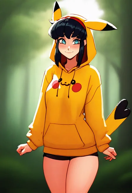 raichiyo33, echo (circa), 1girl, kumashiro sakuya, red hairband, pikachu \(cosplay\), hoodie, hood up, blush, smile, tail, forest, tree
<lora:Sakuya_Kumashiro_IL-000010:1> <lora:Raichiyo_IL:1>, very awa, masterpiece, best quality, amazing quality, very aesthetic, high resolution, ultra-detailed, absurdres, newest, volumetric lighting,
