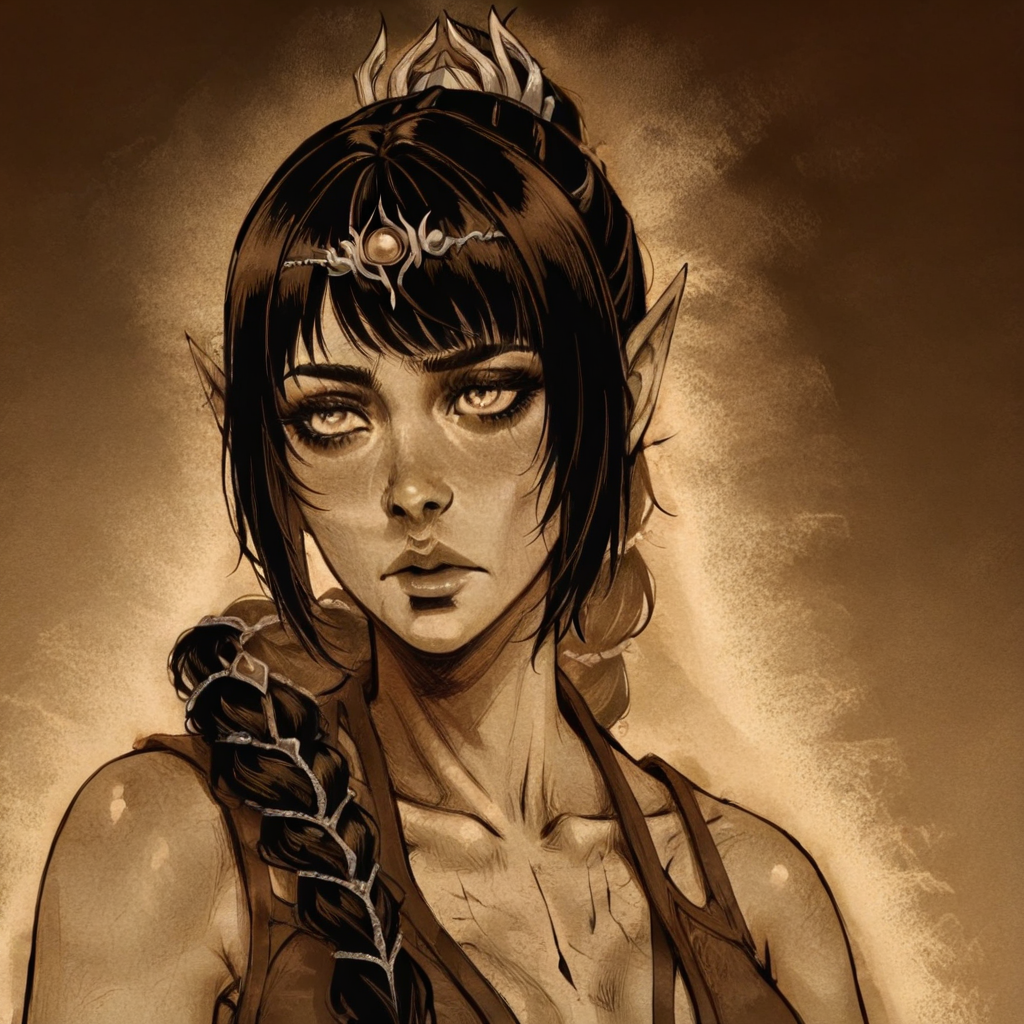 masterpiece, best quality, newest, absurdres, highres, D3CSPS-V1.0, brown theme, sepia, monochrome, 1girl, shadowheart \(baldur's gate\), long braid, elf, pointy ears, black hair, braid, side bangs,