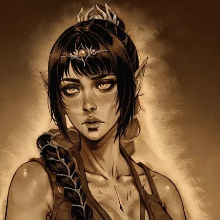 masterpiece, best quality, newest, absurdres, highres, D3CSPS-V1.0, brown theme, sepia, monochrome, 1girl, shadowheart \(baldur's gate\), long braid, elf, pointy ears, black hair, braid, side bangs,