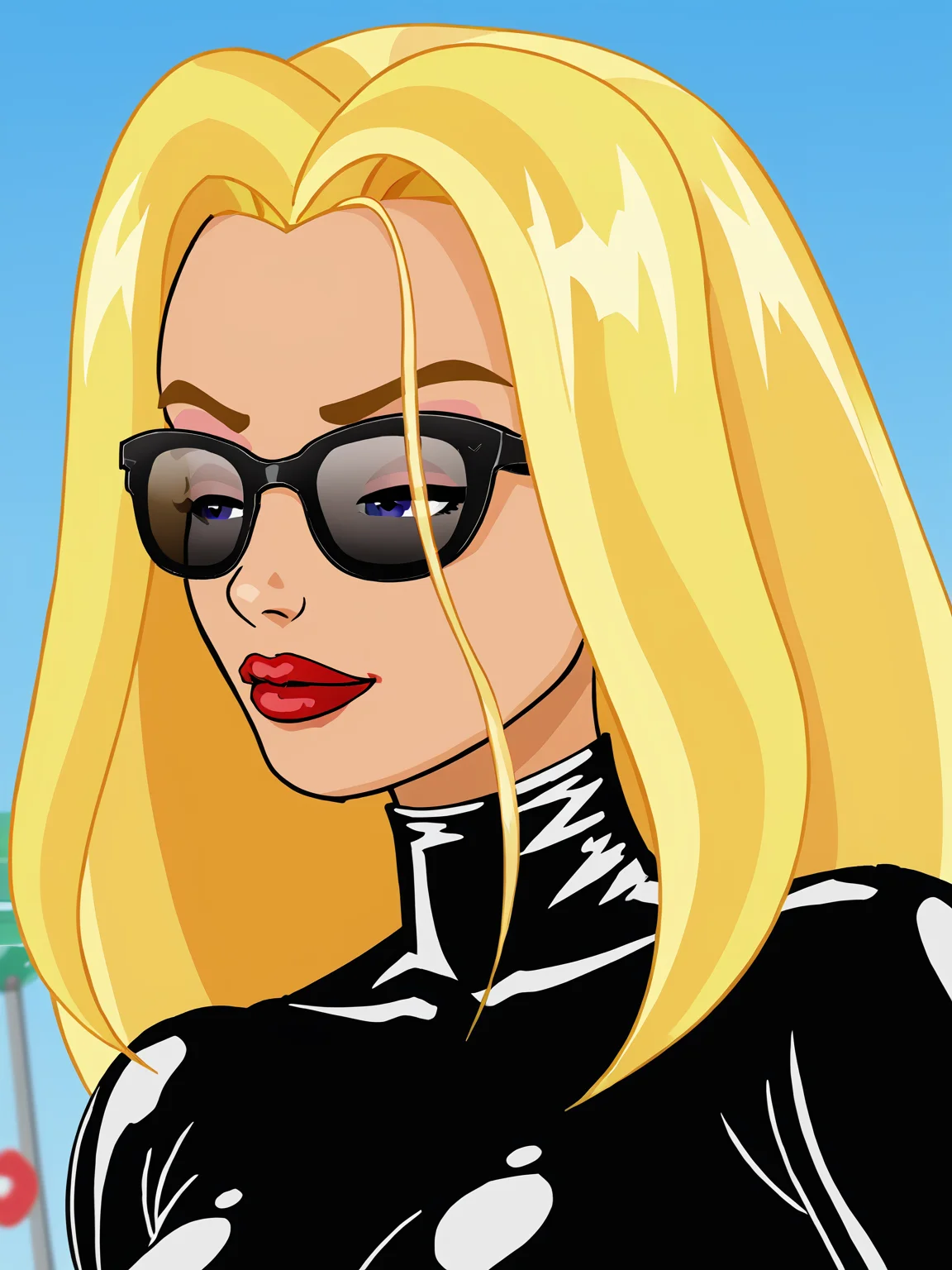 1girl, <lora:Charlie (Pornholio):0.65>, phcharlie, blonde hair, score_7_up, source_cartoon, black latex, sunglasses, face, closeup
