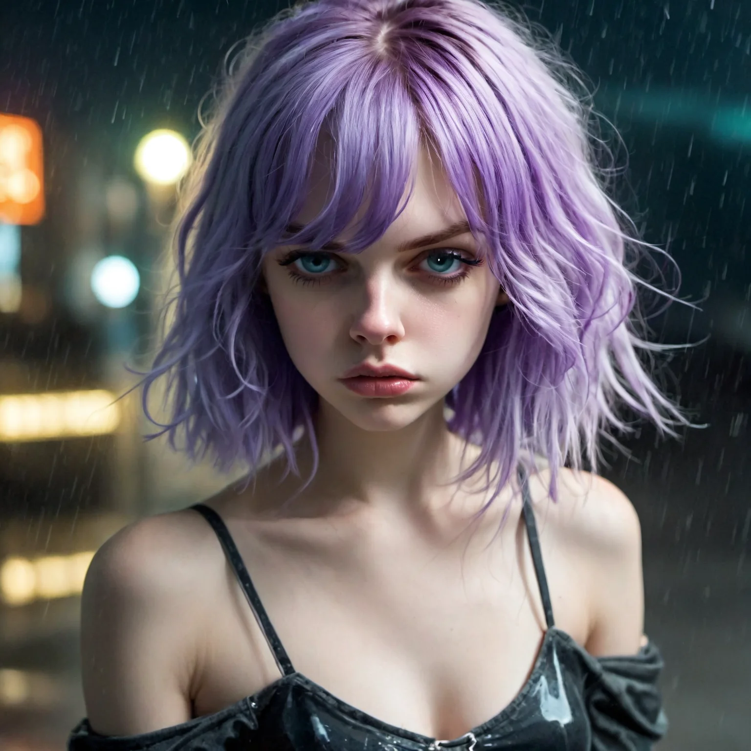20 year old woman, (pouting, seething:1.7), tall, dyed violet hair, short bob haircut, hair bangs, bare shoulders, off shoulder, at night, science fiction, cyberpunk, (outside a store front, neon lights:1.5), glowing runes, wearing a uniform, (wearing a belt, thin waist, wide hips:2.0), cleavage, windy, windblown hair, (raining, steam:2.0), (by Harumi Hironaka:0.5) <lora:Emotion Puppeteer XL_epoch_17:0.8>