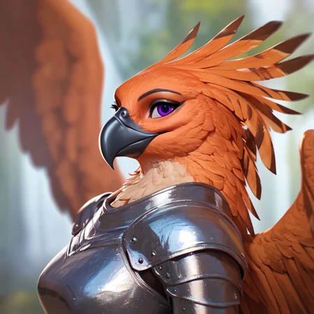 (((beautiful, high quality))), upper Body, score_9, score_8_up, score_7_up,
Aarakocra, furry bird, wings, 1girl, orange feathers, purple eyes, light leather armor,
looking at the viewer, posing, blurred background,