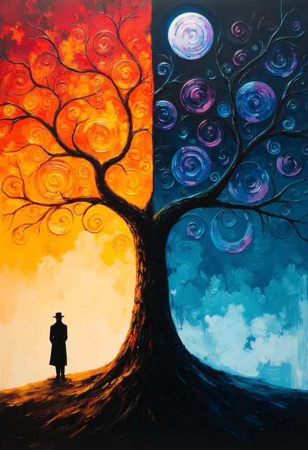 thepaintedrealm. ThePaintedRealm. This is a surreal, oil painting created in an expressive, impressionistic style. The artwork features a stylized, fantastical tree with two distinct halves, representing an otherworldly scene. The tree's trunk and branches stretch across the center of the composition, dividing the background into two halves. The left side, facing the viewer, is dominated by a vibrant, fiery orange hue, symbolizing sunset or dawn. The branches here are adorned with swirling, glowing patterns in warm colors, including reds, oranges, and yellows, giving the appearance of a burning, fiery sky. The right side, facing away from the viewer, features a deep, dark blue sky with swirling, swirling patterns in cool colors, reminiscent of a moonlit or night scene. The branches here are covered in similar swirling patterns, but in cool tones of blue and purple. A solitary, silhouette figure stands at the base of the tree, on the left side, looking out into the distance. The figure is dressed in what appears to be a long coat and trousers, giving a somewhat timeless, mysterious aura.