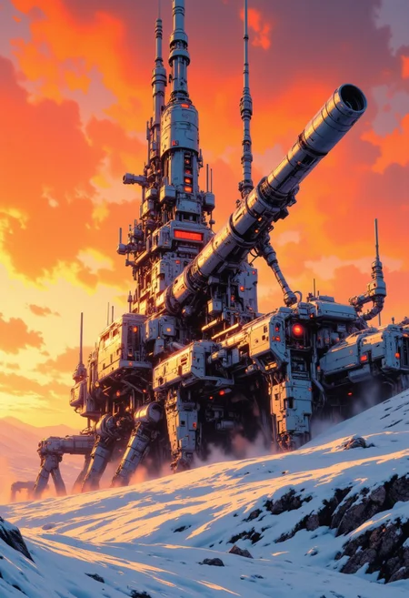 CAICO, Inkpunk Anime, orange and white theme, detailed photorealistic image, a_skynet_cyberdyne_craft, the image is featuring a moonlit scene of a Cyberdyne armoured fortress on a glacial landscape of ice and snow, with gleaming towers, white and gunmetal grey alloy surfaces with high-end circuitry, red glowing diodes and lights, giving a highly advanced, industrial military look, with large plasma cannons and rocket launchers; large depth of field. Sunset, the sky is a vivid orange