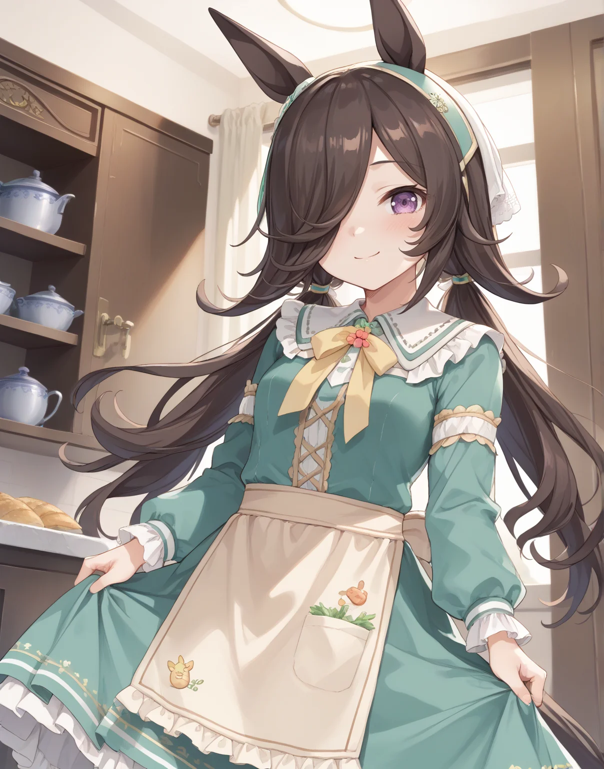 score_9, score_8_up, score_7_up, official art, masterpiece, high quality, megami magazine, official style, game cg, 1girl, (looking at viewer:1.4), (closed mouth:1.0), , smile, , sleepy, ,, ,
rcs ydf, rice shower (umamusume), rice shower (yummy dreamy fairy) (umamusume), alternate costume, alternate hairstyle, animal ears, apron, blush, brown hair, dress, green dress, hair ornament, hair over one eye, horse ears, horse girl, horse tail, long hair, long sleeves, low twintails, official alternate costume, official alternate hairstyle, print dress, tail, twintails, violet eyes, <lora:umamusume_rice_shower2_pony_v1:1>,
hair over one eye,