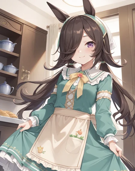 score_9, score_8_up, score_7_up, official art, masterpiece, high quality, megami magazine, official style, game cg, 1girl, (looking at viewer:1.4), (closed mouth:1.0), , smile, , sleepy, ,, ,
rcs ydf, rice shower (umamusume), rice shower (yummy dreamy fairy) (umamusume), alternate costume, alternate hairstyle, animal ears, apron, blush, brown hair, dress, green dress, hair ornament, hair over one eye, horse ears, horse girl, horse tail, long hair, long sleeves, low twintails, official alternate costume, official alternate hairstyle, print dress, tail, twintails, violet eyes, <lora:umamusume_rice_shower2_pony_v1:1>,
hair over one eye,
