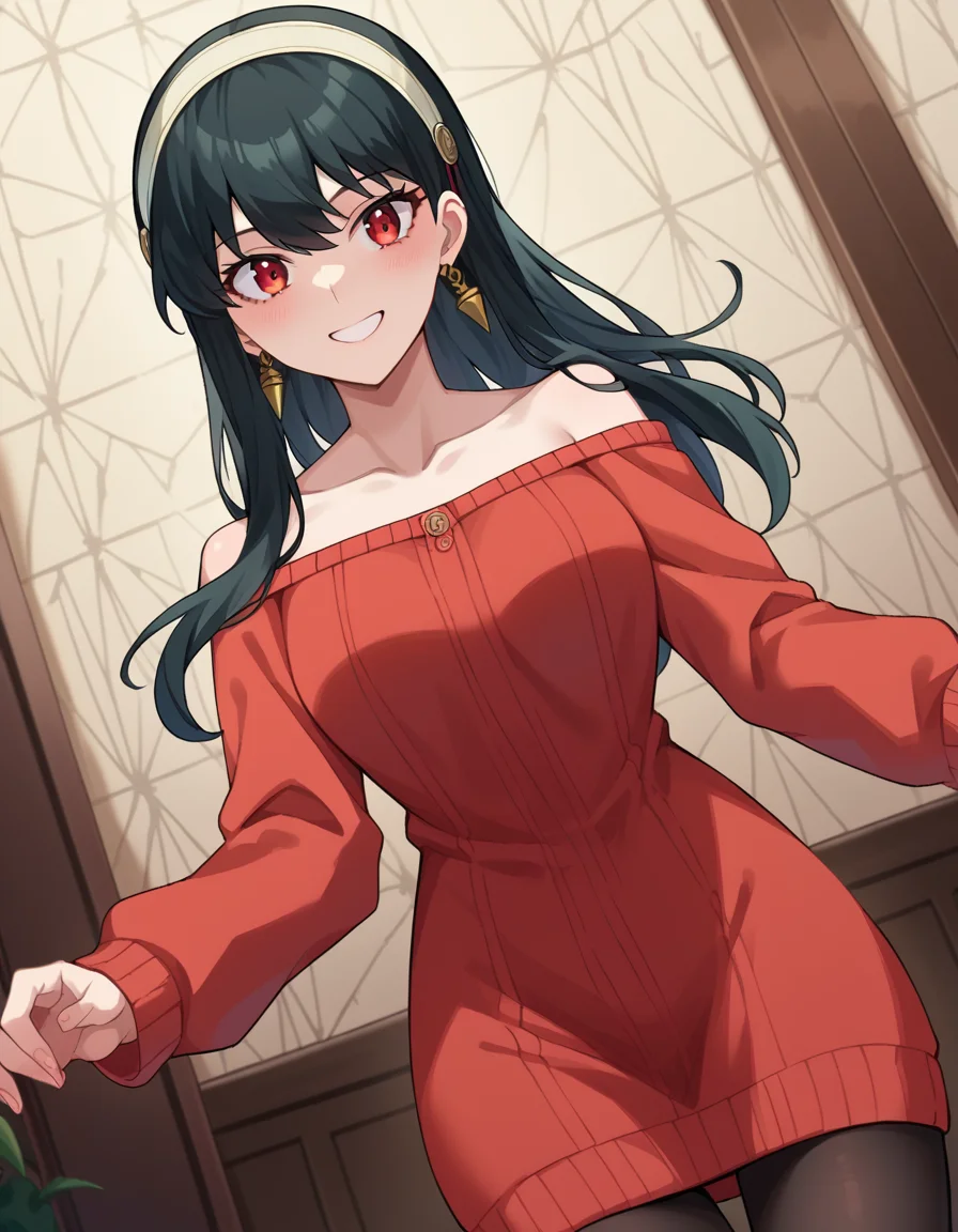 score_9, score_8_up, score_7_up, source_anime,
yorbriar, <lora:yor-briar-ponyxl-lora-nochekaiser:1>,
yor briar, black hair, red eyes, earrings, white hairband, hairband, long hair, sidelocks, smile,
bare shoulders, collarbone, dress, long sleeves, off shoulder, off-shoulder dress, off-shoulder sweater, pantyhose, red sweater, sweater, sweater dress, thighs,
indoors,
looking at viewer, cowboy shot, dutch angle, dynamic pose,