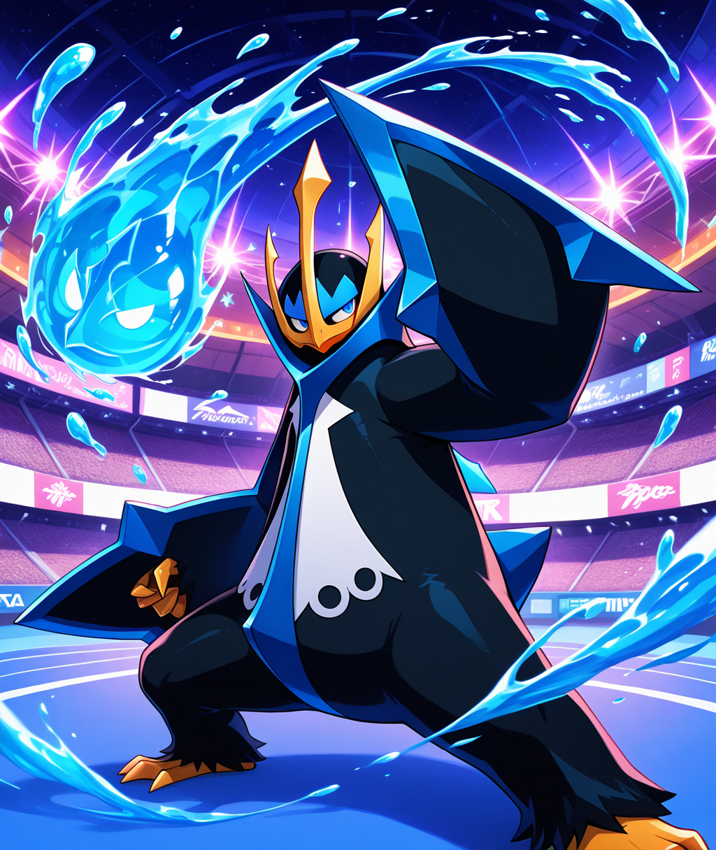 ((vibrant, detailed, detailed background, amazing quality, colorful, masterpiece, 8k, rtx)), beutiful background, BREAK <lora:empoleon-illus-15:0.9> pempo, 1other, pinguin_boy, (empoleon), (solo, alone), hydrokinesis, fighting stance, stadium, glowing,