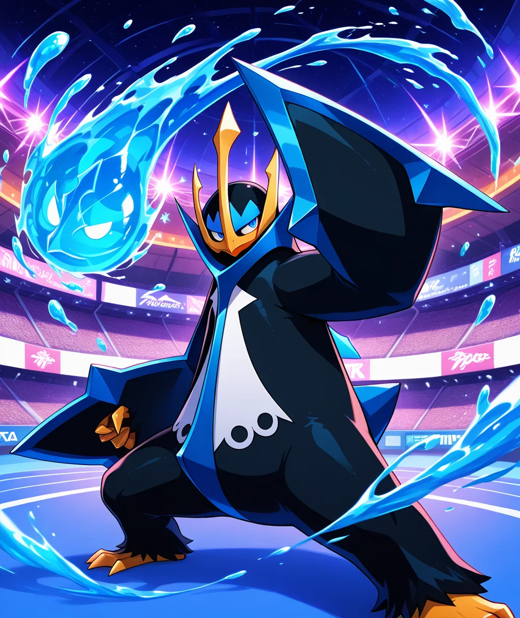 ((vibrant, detailed, detailed background, amazing quality, colorful, masterpiece, 8k, rtx)), beutiful background, BREAK <lora:empoleon-illus-15:0.9> pempo, 1other, pinguin_boy, (empoleon), (solo, alone), hydrokinesis, fighting stance, stadium, glowing,