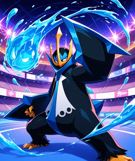 ((vibrant, detailed, detailed background, amazing quality, colorful, masterpiece, 8k, rtx)), beutiful background, BREAK <lora:empoleon-illus-15:0.9> pempo, 1other, pinguin_boy, (empoleon), (solo, alone), hydrokinesis, fighting stance, stadium, glowing,