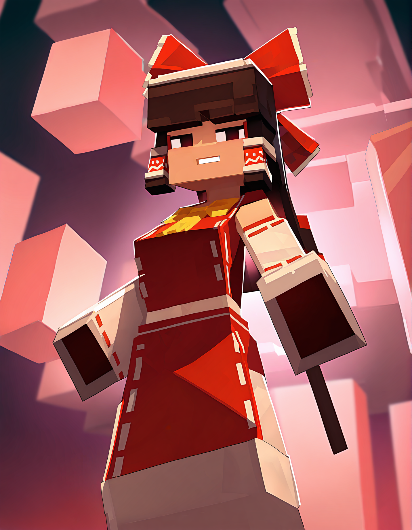officialminecraft, 1girl, solo, hakurei reimu, cowboy shot,
very awa, masterpiece, best quality, year 2024, newest, highres, absurdres, <lora:minecraft-style-noobai-epspred11:0.8>