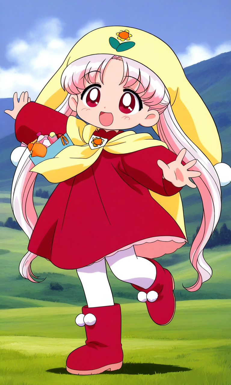 general,highres, ultra-detailed,very aesthetic,best quality ,best hands, BREAK <lora:Princess_Silver_Crayon_Oukoku_Ver2.0_IS:0.9>
Silver_Oujo(Crayon_Oukoku), 1girl, solo, long hair, white hair, pink hair, red eyes,
yellow headwear, twintails, parted bangs,
red dress, boots, pom pom (clothes),
smile, full body, open mouth, red dress, :d, pantyhose, holding, long sleeves, red footwear, 
hair bun, outstretched arms, standing,
grass, sky, fantasy,