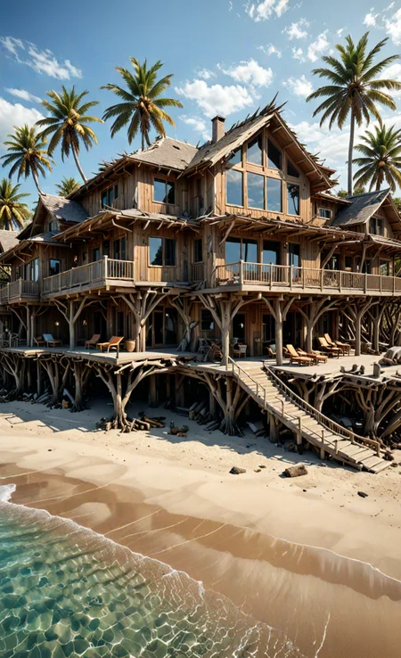 organic, tropical beach Huge Mansion house, uneven, unconventional, Swimming pool, Palm trees, modern architecture made of driftwood house on stilts, chaotic, organic design, bezier, <lora:Driftwood_Detailed_Art_-_By_DICE:1>, (Very Intricate), Epic, <lora:3D_Framed_Wall_Art_-_By_DICE:1>,(3D Framed, Driftwood), UHD