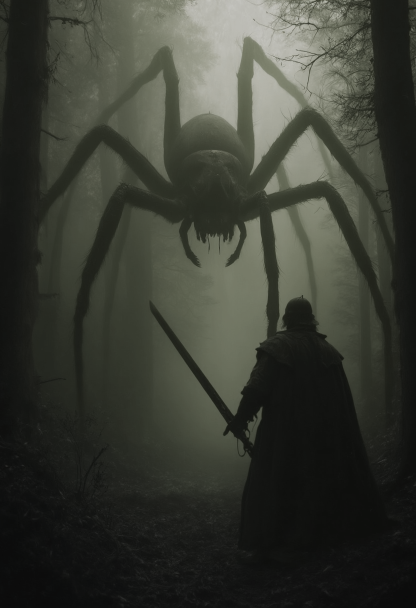 01dph0t0, medieval, mist, fog, deep dark shadow, dark photo, old, sinister, occult, film grain, dark, deep shadow, photographic, a (grizzled old knight warrior with a sword:1.4), facing a gigantic spider beast in a forest, terror, fear, river, scary, spooky