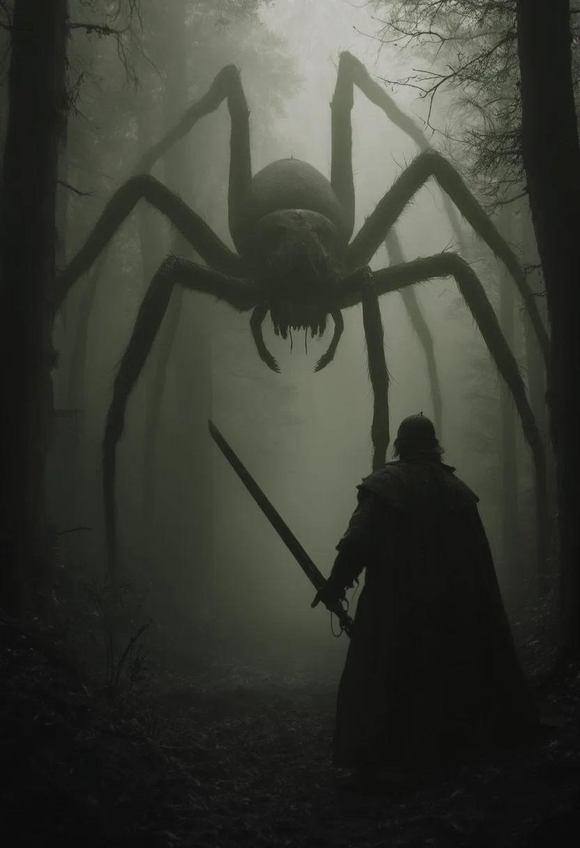 01dph0t0, medieval, mist, fog, deep dark shadow, dark photo, old, sinister, occult, film grain, dark, deep shadow, photographic, a (grizzled old knight warrior with a sword:1.4), facing a gigantic spider beast in a forest, terror, fear, river, scary, spooky