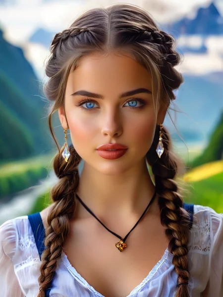 <lora:BellissimaXL-000001.TA_trained:1>, 1girl, bellissima, blue eyes, blurry background, braid, brown eyes, brown hair, cleavage, earrings, grey background, lips, long hair, looking at viewer, nature, necklace, nose, realistic, solo, suspenders, masterpiece, best quality, unreal_engine 32k