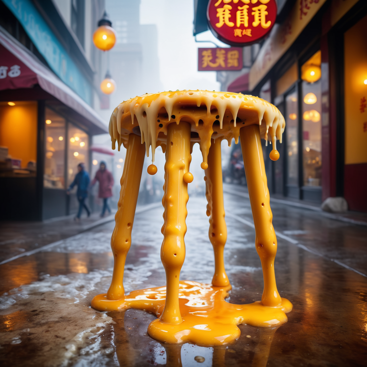 Jed-Drpgcese, in a city, masterpiece, full of details <lora:DrippingCheeseStyle-000006:0.8>, Delicate Stool, smooth, Foggy conditions, surreal, Nostalgic lighting, 50mm, dynamic dramatic atmosphere, highly contrasted, winning, deep rich colors, beautiful composition, epic, complimentary colors