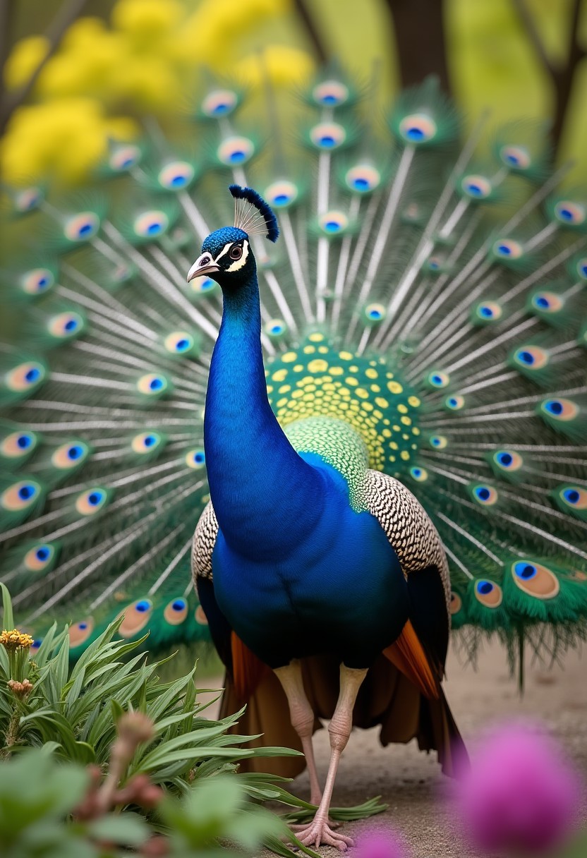 A majestic peacock displaying its colorful feathers in a lush, springtime botanical garden,