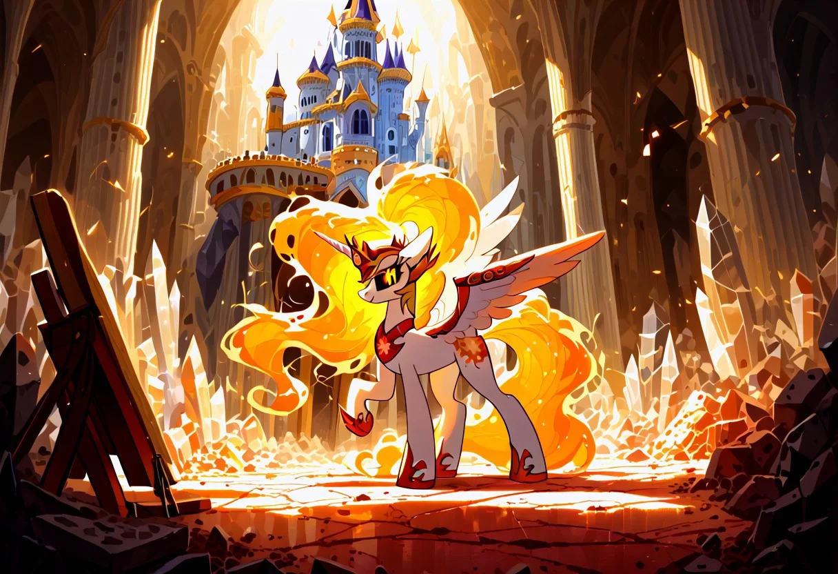 score_9, score_8_up, score_7_up, score_6_up, score_5_up, score_4_up, The dark side of Celestia, Daybreaker, alicorn pony, g5, rich colors, crystal castle, Crystal Empire, crystal heart in the center of the square, presents a painting of rabbits and pony, aroused, front view, detailed background, pony, solo, detailed, 8k quality, side view, beautiful, teasing, easel and brushes, leaned to the floor, free actions,